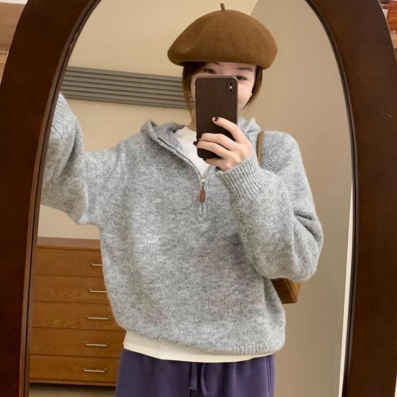 设计感半拉链套头连帽毛衣女秋冬新款韩系宽松纯色软糯气质针织衫|undefined