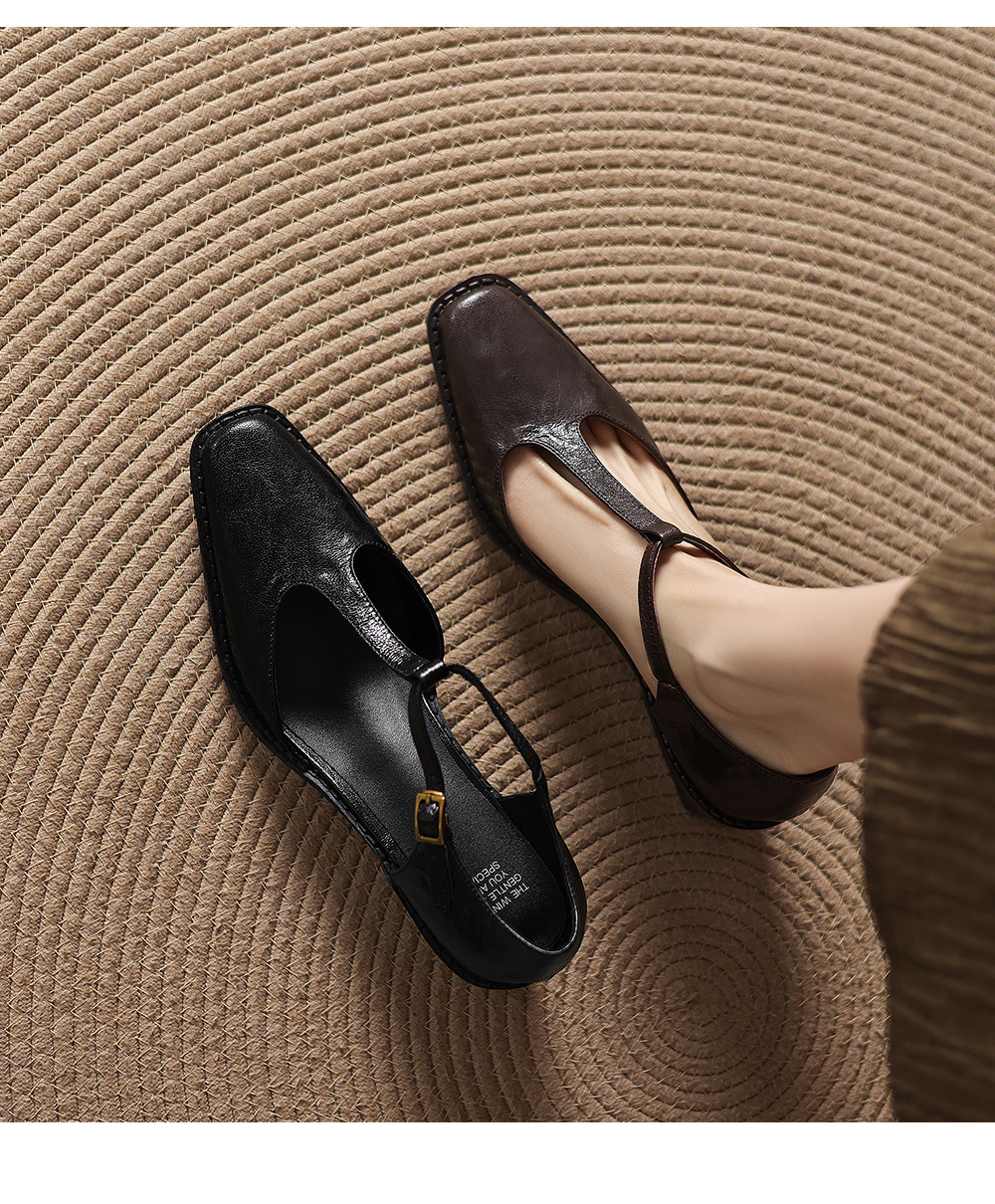 Sandal nữ quai ngang chữ T mũi nhọn gót vuông phong cách Anh retro — màu nâu chi tiết 6