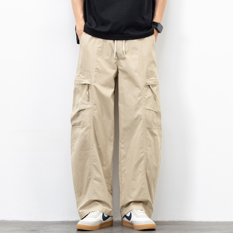Light Khaki Work Pants for Men, Straight Loose Fit, Outdoor Casual Quick-Dry Pants, Summer Thin Ice Silk Curved Pants