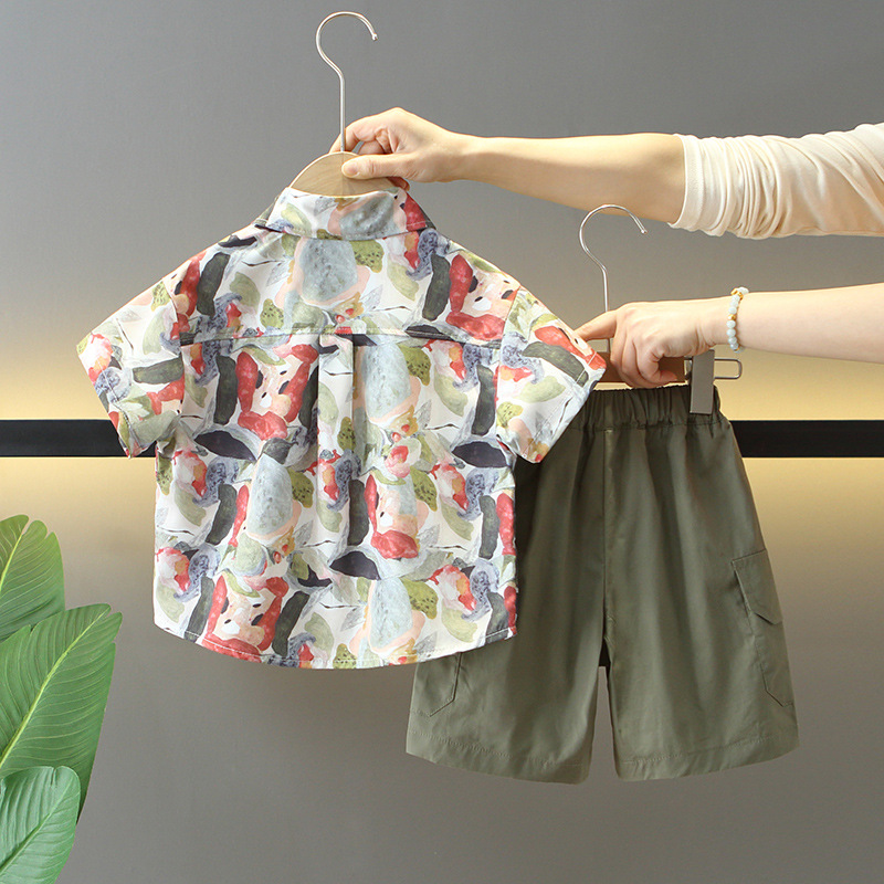 7870 traje de camisa de flores de verano para niños 2025 verano nuevo estilo bebé pantalones cortos de manga corta ropa de tres piezas para niños