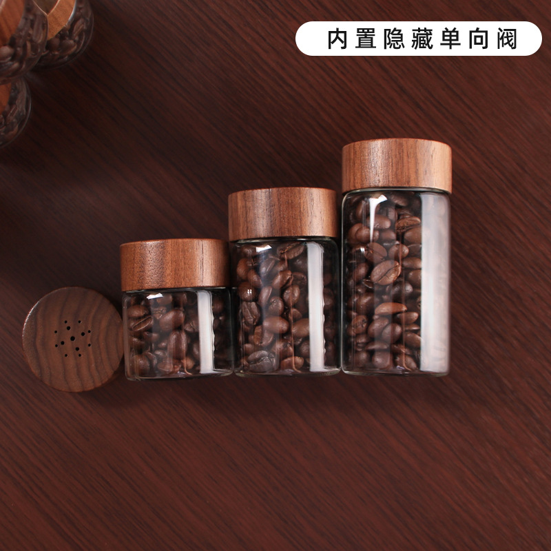 Válvula de retención oculta de mano frasco pequeño de vidrio Nogal Negro Luz de escape de lujo mini subcontenedor de almacenamiento de granos de café