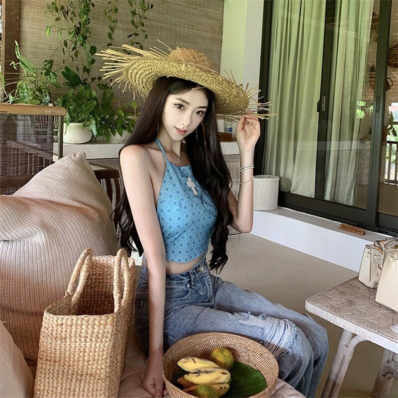 Hot Girl Style Cross Digital Print Leather Label Camisole for Women, New Summer Model, Backless, Slimming, Tie-Up Bellyband Hot Girl Style Cross Digital Print Leather Label Camisole for Women, New Summer Model, Backless, Slimming, Tie-Up Bellyband