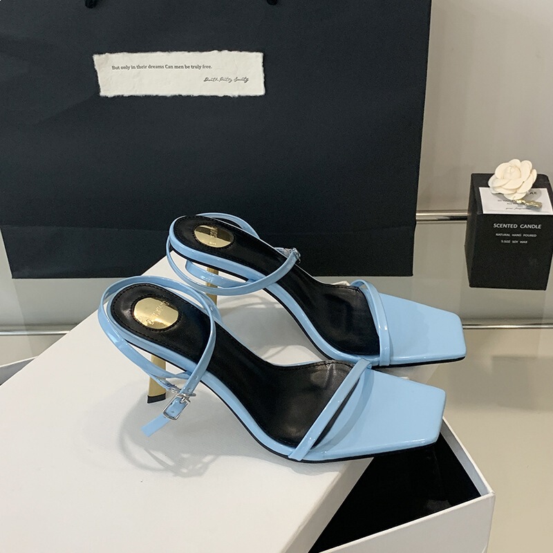 2025 Spring/Summer New Fashionable Gold Bar High-Heeled Square-Toe Sandals Simple and Elegant One-Strap Sexy Open-Toe Women's Shoes