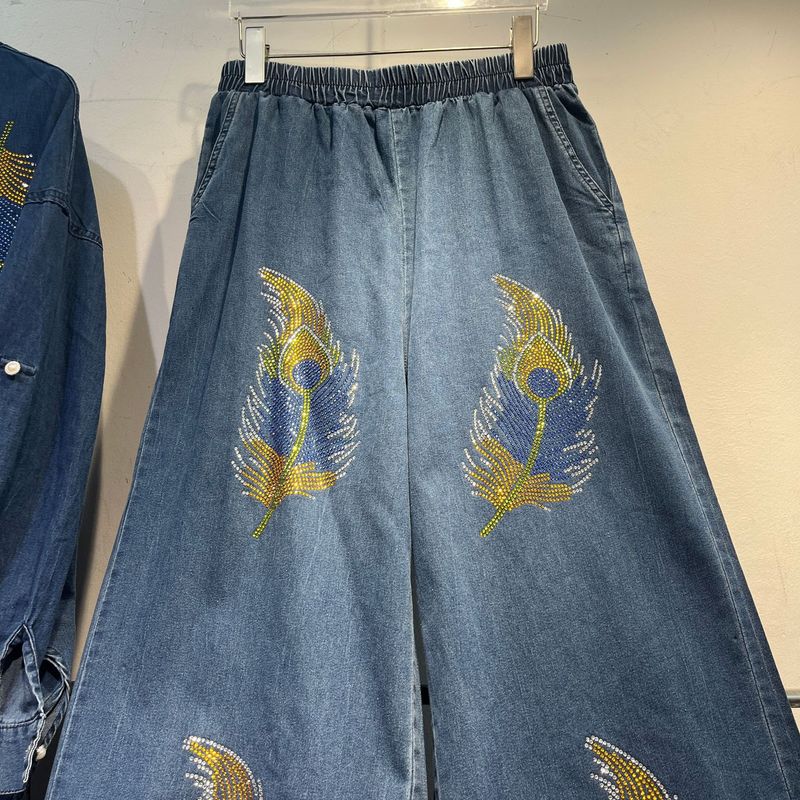 重工烫钻牛仔两件套装设计感羽毛烫钻牛仔衬衫+松紧腰阔腿牛仔裤|undefined