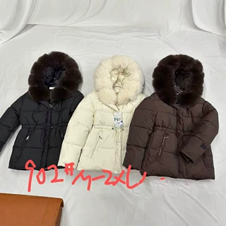 欧洲站2026冬季新款连帽收腰仿狐狸毛领羽绒棉服女中长款加厚保暖