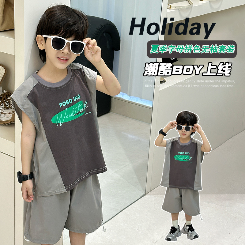 7937 Chaleco sin mangas para niños Ropa para niños Traje de dos piezas casual de verano para niños pequeños y medianos 2025 Nuevos productos Pantalones cortos Color a juego Ropa de moda