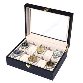 跨境现货黑色哑光10位手表盒高档五金锁扣实木喷漆名表收藏展示盒