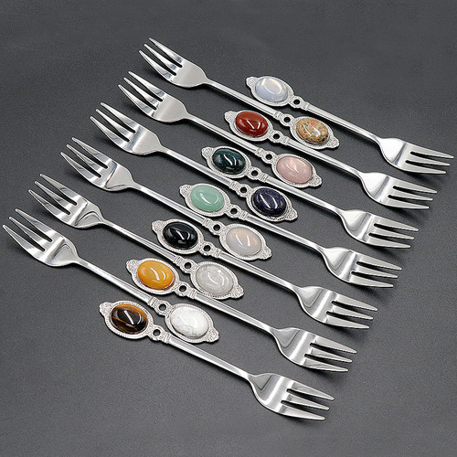 Cross-border new product Crystal Agate Mini Jade Spoons and Forks Tiger Eye Mixing Spoons Creative Gift Live Streaming Wholesale