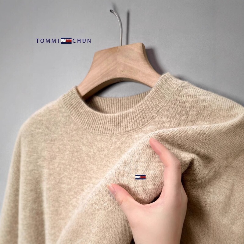 American Tommy Wool Sweater Men's Round Neck Thickened Solid Color Cashmere Casual Pullover Knitwear