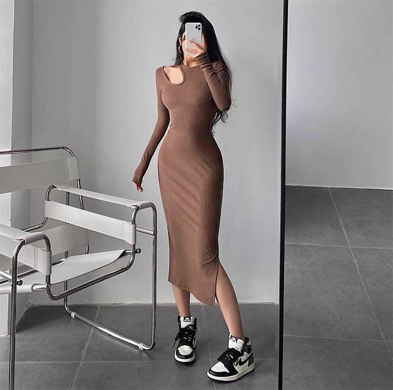 Hollow Round Neck Tight Ribbed Dress for Women European and American Style Autumn and Winter Sexy New Bottoming Slit Mid-Length Skirt with Long Sleeves Hollow Round Neck Tight Ribbed Dress for Women European and American Style Autumn and Winter Sexy New Bottoming Slit Mid-Length Skirt with Long Sleeves