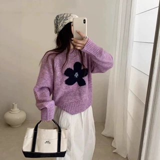 日韩跨境圆领长袖毛衣女秋冬软糯甜美风花朵外穿内搭针织衫上衣女