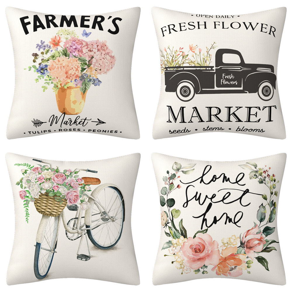 Cross-border Spring New Home Decoration Pillow Case Tulip Farm Bicycle Flower Cushion Pillow Case Amazon