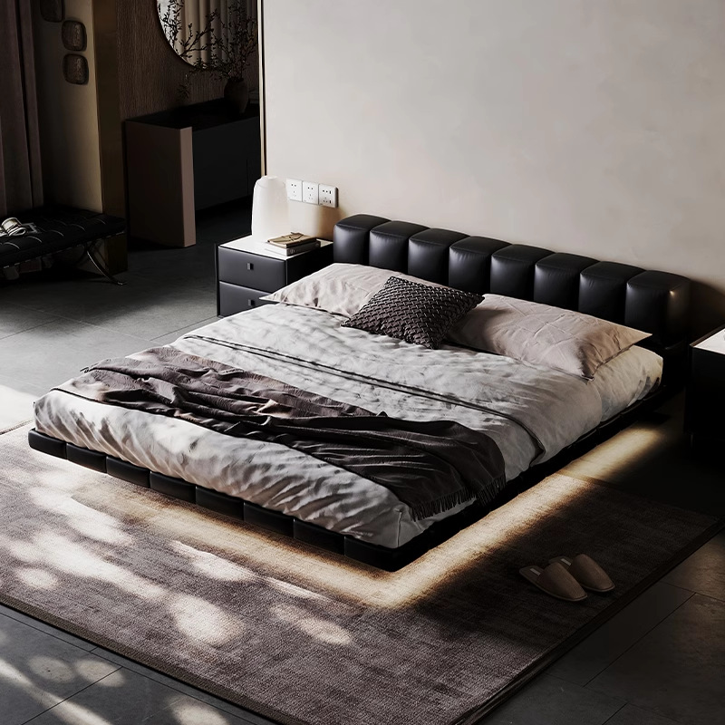 Bloqueo de tofu cama de suspensión minimalista italiana cama de cuero cama doble de piel de vaca cama principal cama de matrimonio cama de cuero negro