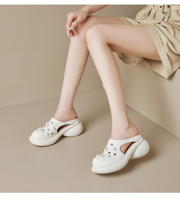 Dép lỗ ngọc trai Yichuan đế dày 6 cm kín mũi, cảm giác bước trên mây, mùa hè — đen chi tiết 15
