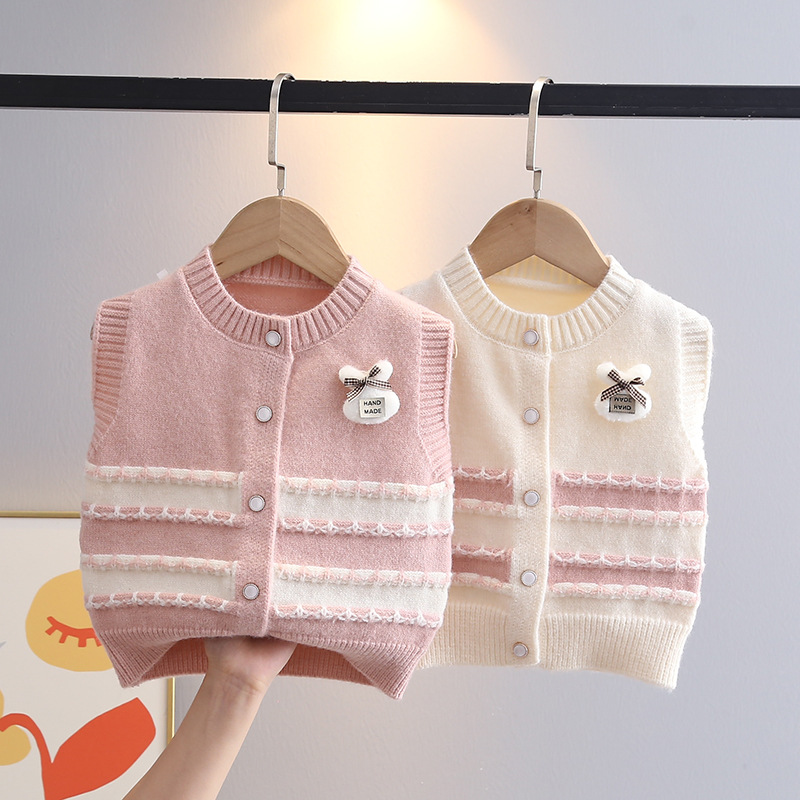 Girls' cardigan sweater vest with bow, stylish and fashionable outerwear for babies and toddlers, thin and trendy.