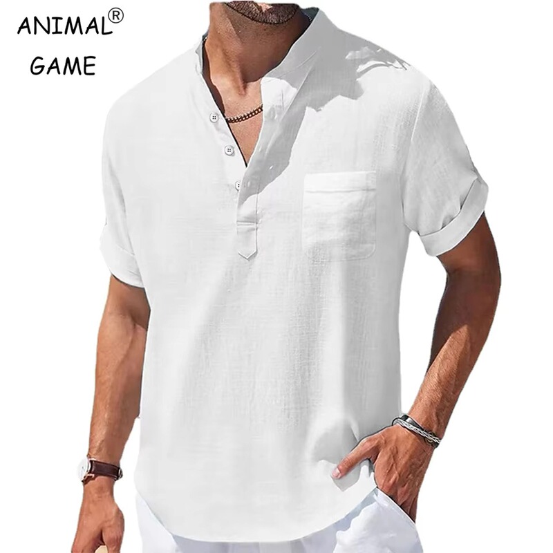 Cross-Border Independent Site Amazon Men's Casual Stand-Up Collar Summer Solid Color Short-Sleeved Shirt Fashionable Breathable Loose Fit