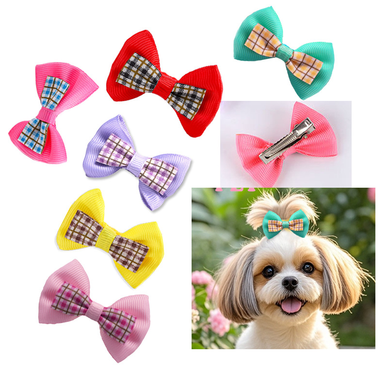 Pet Hair Clips, Cat and Dog Accessories, Pet Hair Flowers, Plaid Bow Clips, Plaid Bow Hair Flowers, Cross-Border