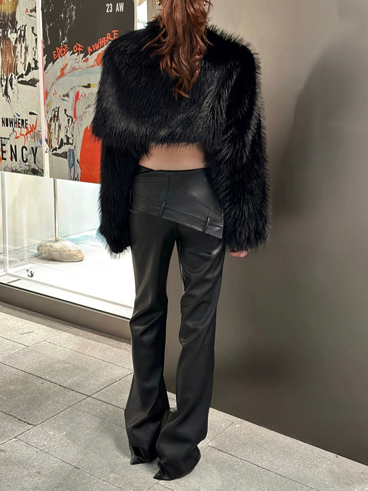 American hot girl PU pantalones de cuero mujer 2024 otoño salvaje negro casual pantalones delgados trapeando pantalones retro rectos image 2