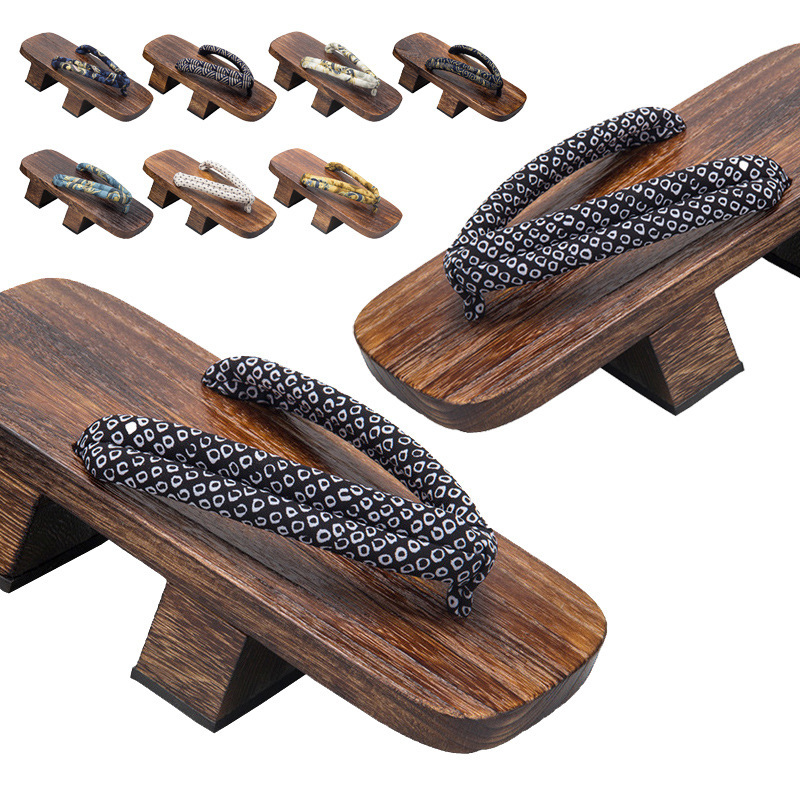 Japanese-Style Men's Two-Toe Wooden Clogs, Kimono Wide-Soled Height-Increasing Wooden Slippers, Non-Slip Flat Thong Sandals