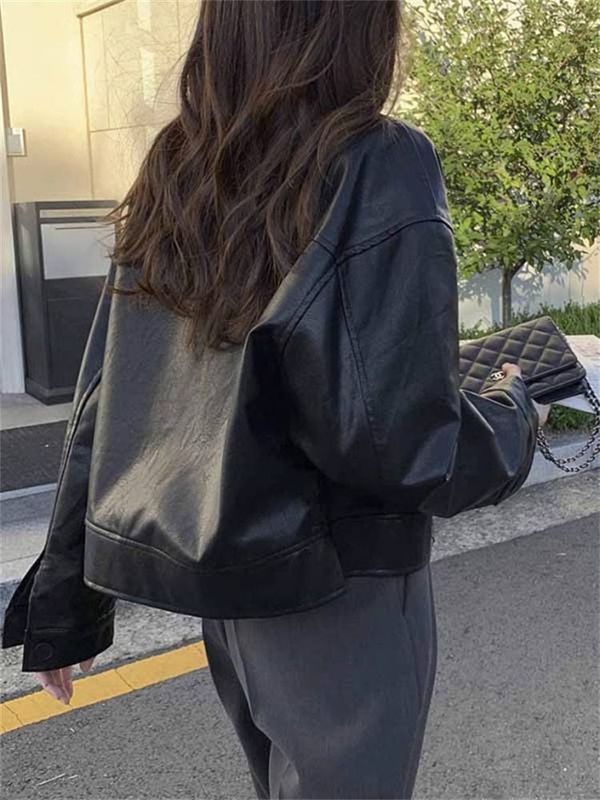 韩系帅气机车服皮衣翻领短外套女秋冬新款休闲宽松长袖皮夹克上衣|undefined