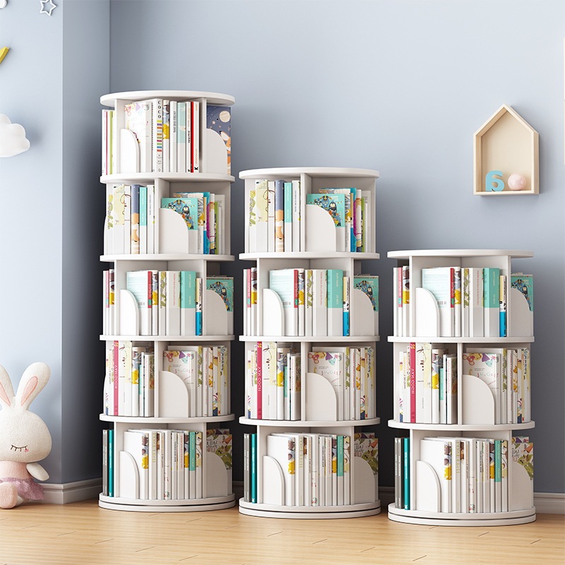 360-Degree Rotating Bookshelf Saves Space and Organizes Children's Floor-Standing Picture Books with Multi-Layer Storage, a Simple Household Storage Rack