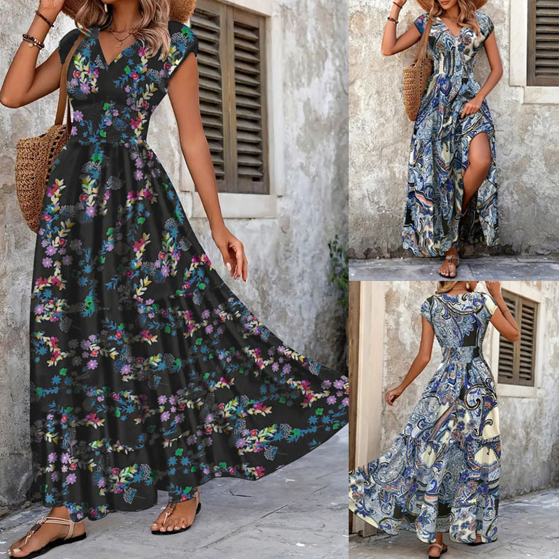 Aliexpress Cross-Border Export Paisley Print Dress Women's Summer Plus Size Women's V Neck Short-Sleeved Dress