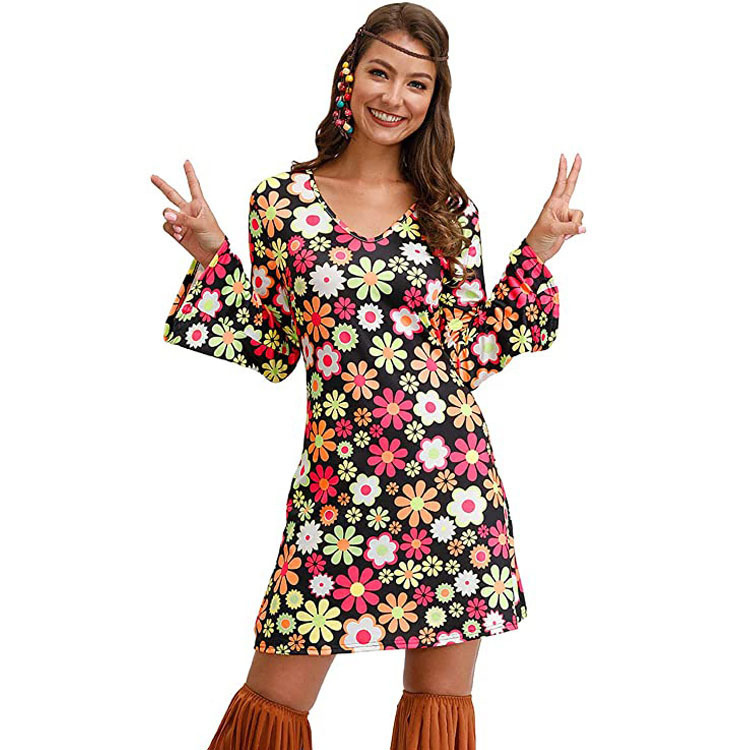 Amazon Halloween 2022 Cross-border European and American Women's Clothing 1970 s Hippie Costume Printed Dress Women