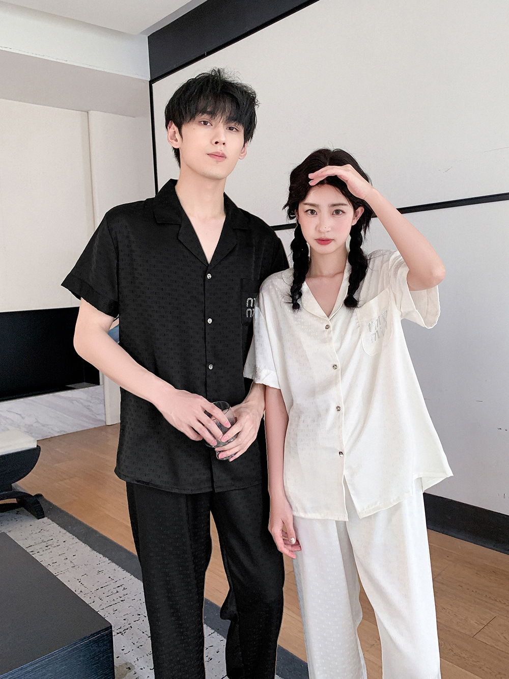 Luxuriöser Eis-seide Partner Pyjama Satin Jacquard Hausanzug_voghion.com