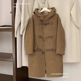 工厂直销格子双面羊绒大衣女中长款2025新款牛角扣连帽毛呢外套通