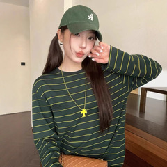 MM系レトロ衝突色縞長袖tシャツ女性2025春秋新作シンプル風ゆるいシャツ上着