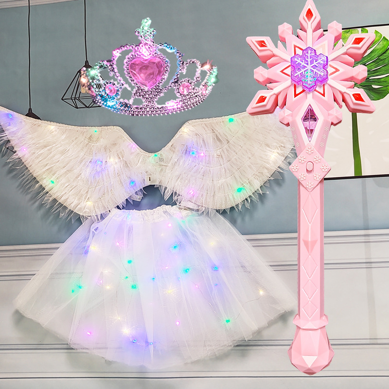 Alas de tela de polvo blanco Falda de lámpara blanca Corona de lámpara Palo de música de copo de nieve