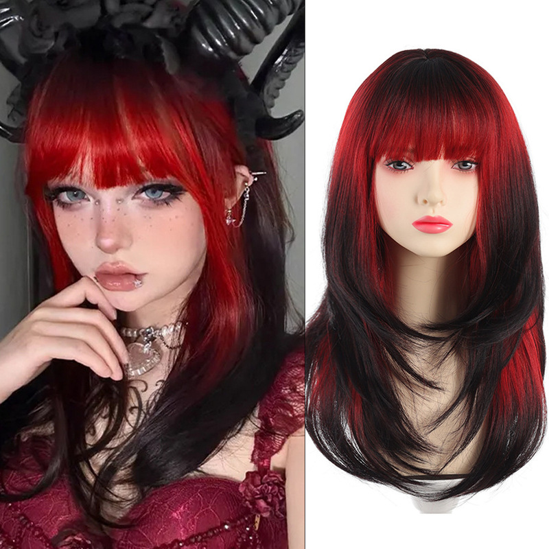 Cross-Border European and American Wig for Women with Long Curly Hair, Parted with Bangs, Clavicle Hair, Red Gradient Fashion Artificial Hair Full Headgear