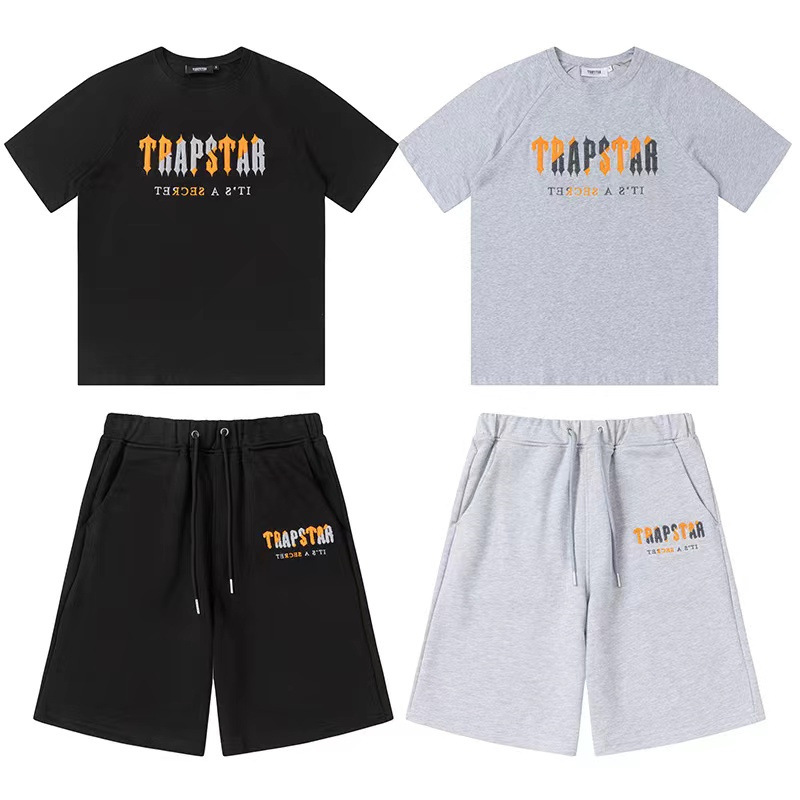 Verano nuevo trapstar cartas Orange gris toalla bordado casual traje pantalones cortos de manga corta para hombres y mujeres pareja