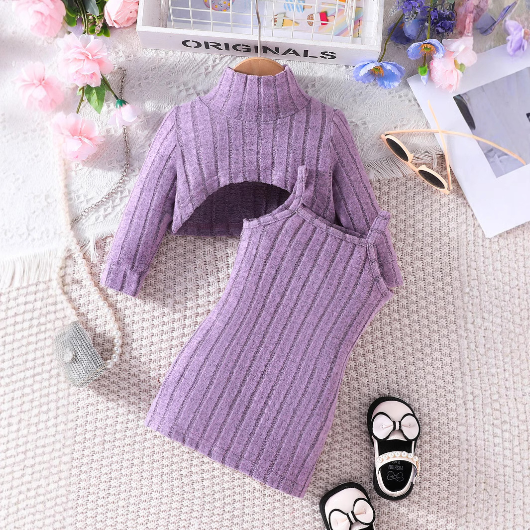 2024 Herbst/Winter Neue Mädchen Halb Stehkragen Strickhemd mit Grubenstreifen Einfarbig Langarm Top + Trägerrock Zwei_voghion.com