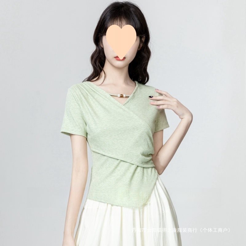 绿色领短袖恤女夏季2025新款不规则交叉收腰显瘦正肩体恤短上衣|undefined