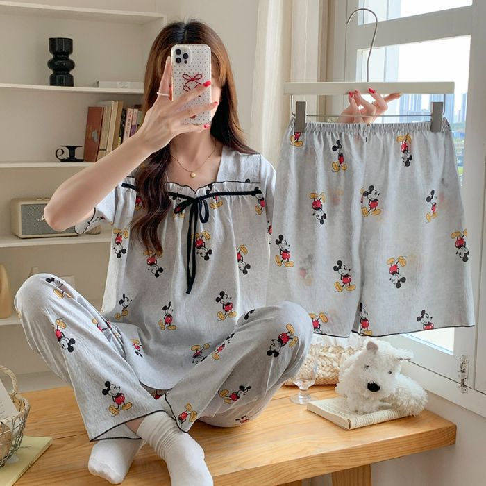 Hellokitty verano nuevo estilo doble pantalones cortos pijamas de tres piezas nube mujer algodón transpirable cuello cuadrado dulce y fresco
