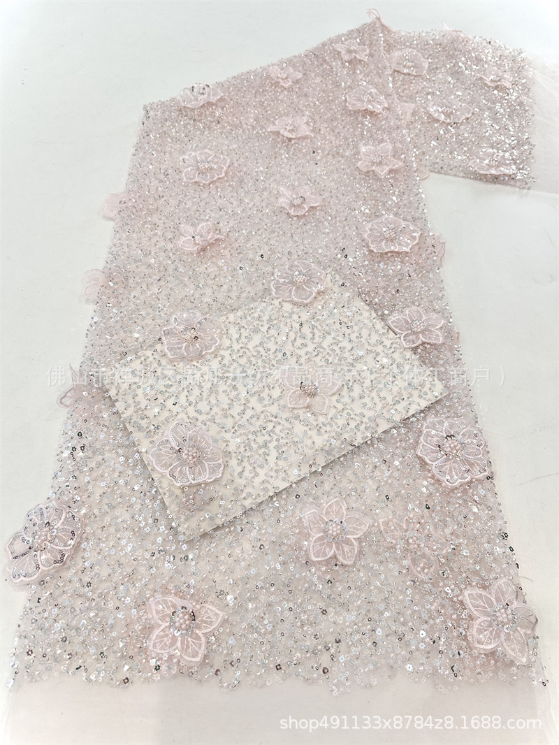 Moda full sequinilla tubo de perlas bordado tela de encaje estereoscópico mano calcomanías tela de vestido de boda alta fijación