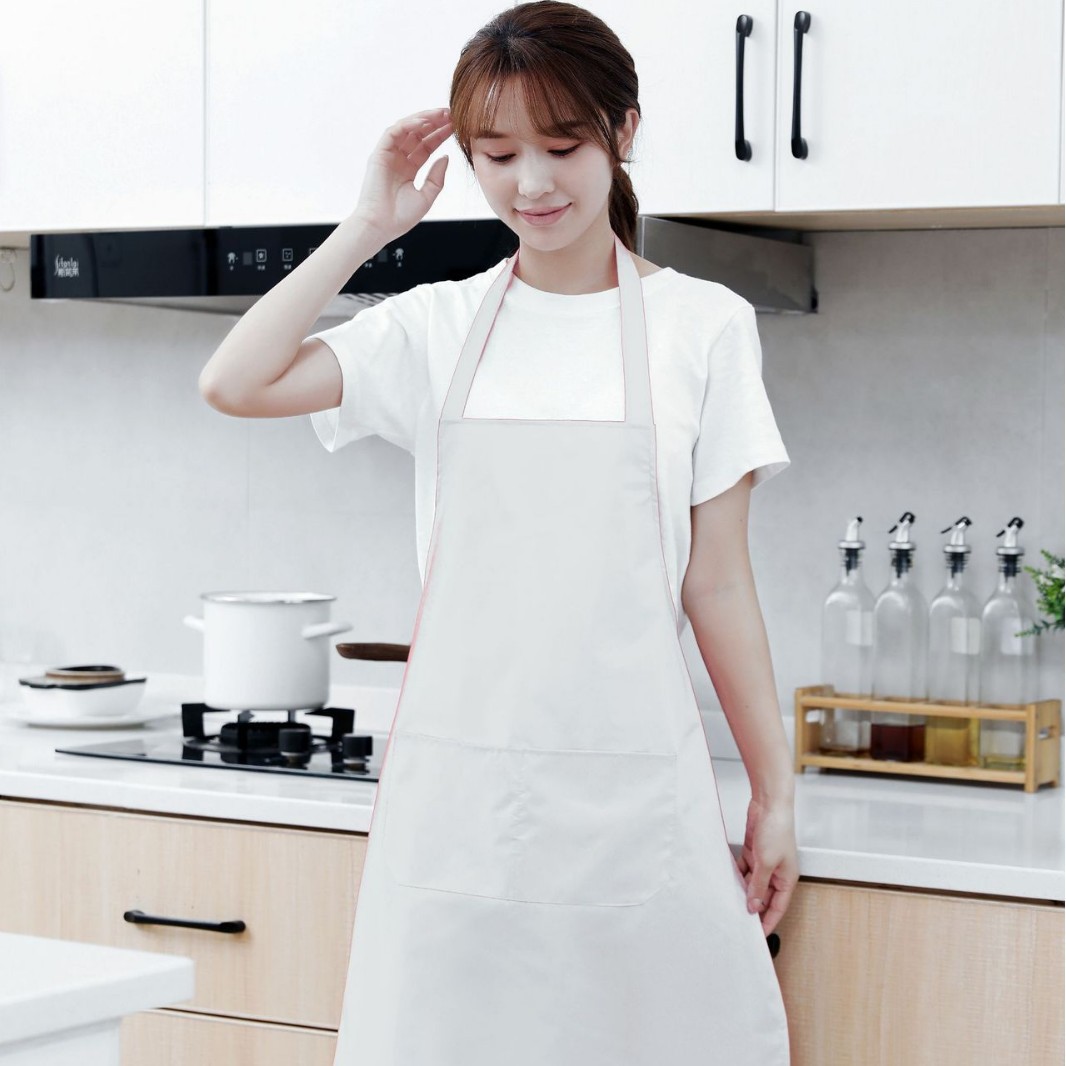 Delantales de cocina de poliéster con logo impreso, resistentes al agua, anti-manchas de aceite, para catering y trabajo, venta directa de fábrica.