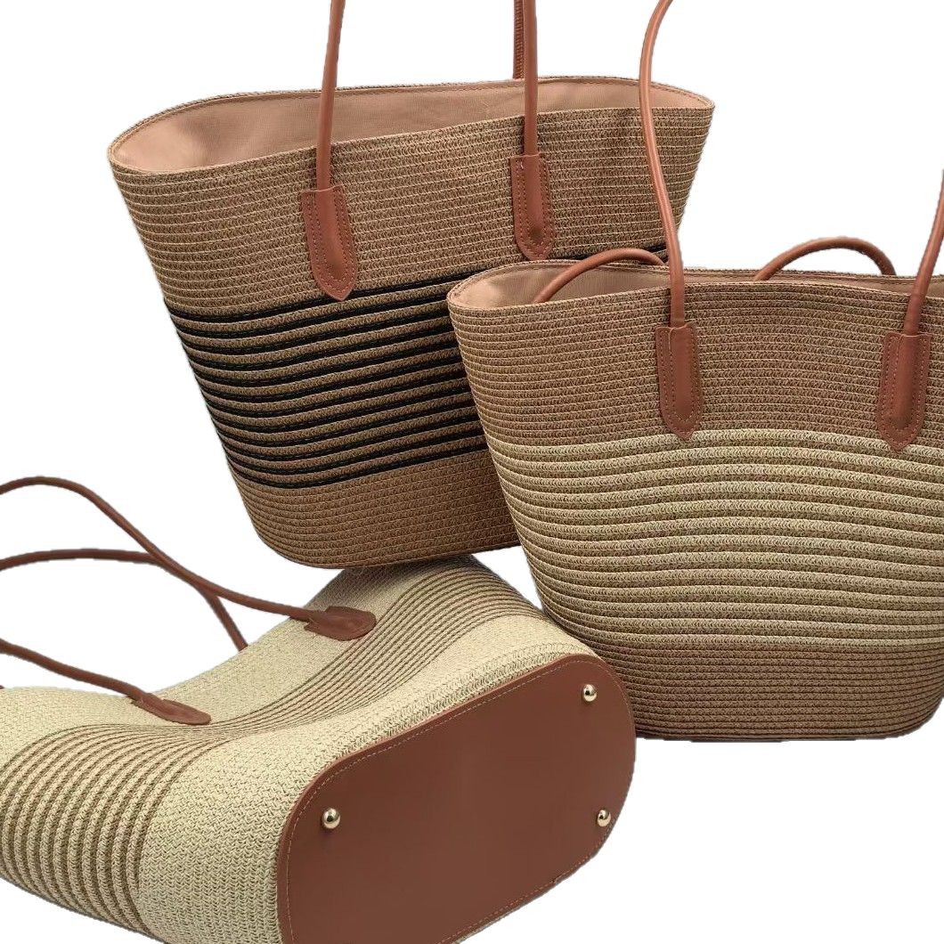 New Summer Striped Single Shoulder Commuting Straw Woven Bag, New Large Capacity Casual And Fashionable Women's Beach Tote Bag_voghion.com