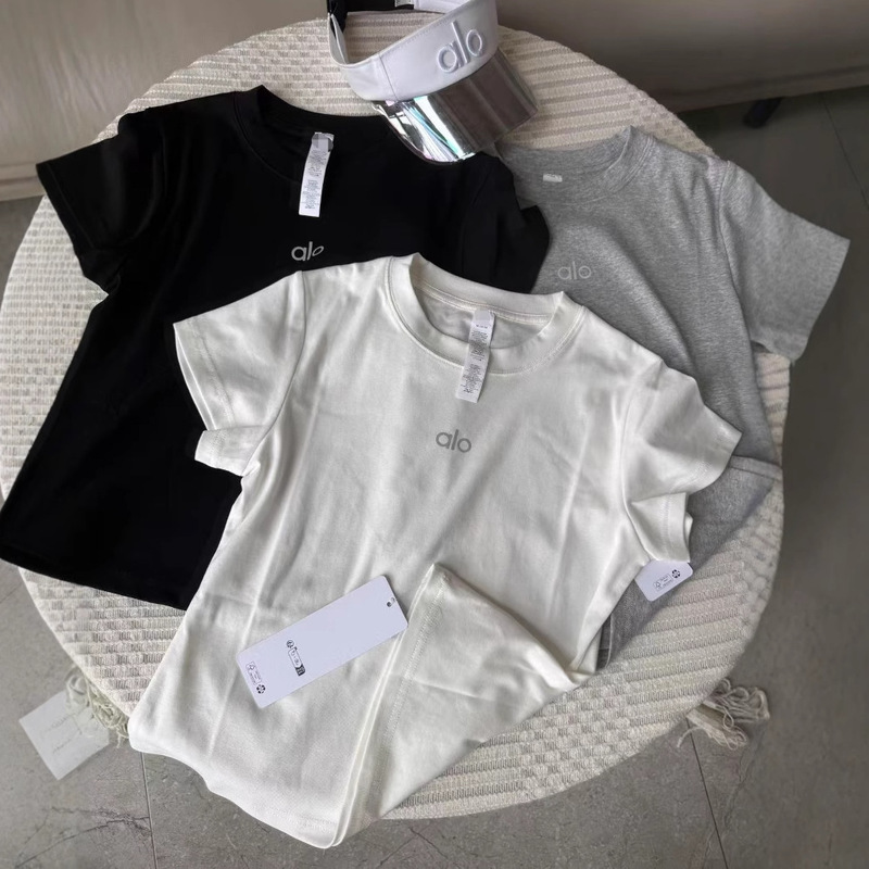 Alo Spring and Summer Slim Right Shoulder Round Neck Short-Sleeved T-Shirt Women's Breathable Short-Sleeved Casual Sports Slimming Look Top