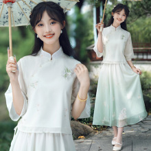 新款新中式国风复古改良旗袍印花上衣两件套仙气复古文艺少女套装