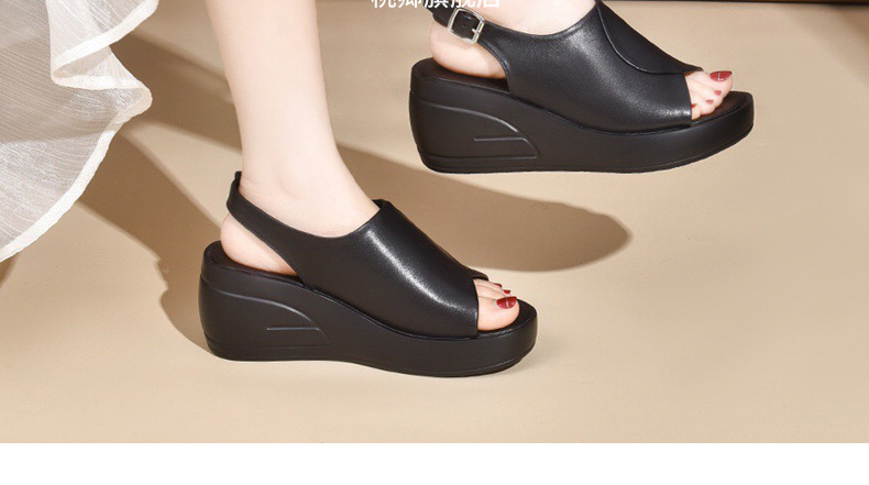 Sandal da thật nữ gót wedge đế xuồng platform cao 9 cm, dáng đế dày thoải mái — Màu đen chi tiết 27