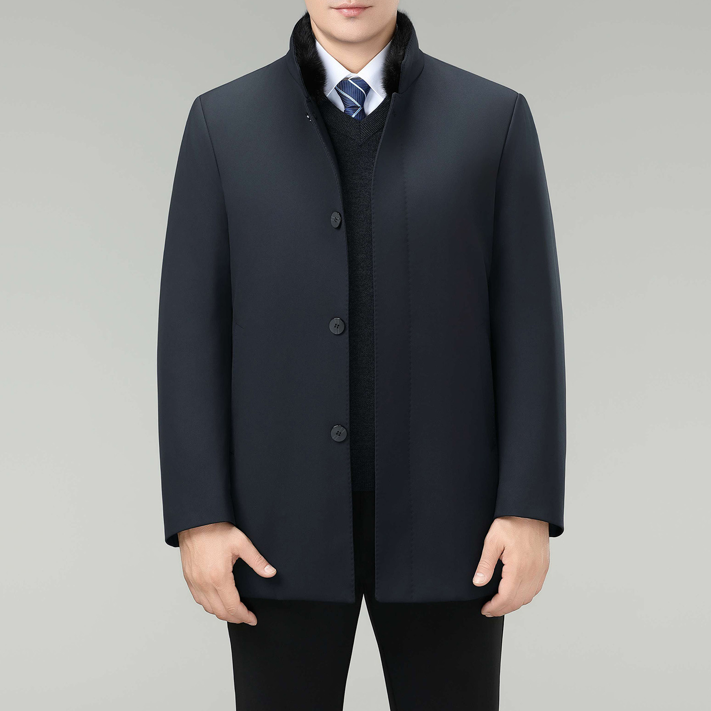 高端男士水貂毛领可脱胆羽绒服中长款风衣中年休闲冬装外套尼克服