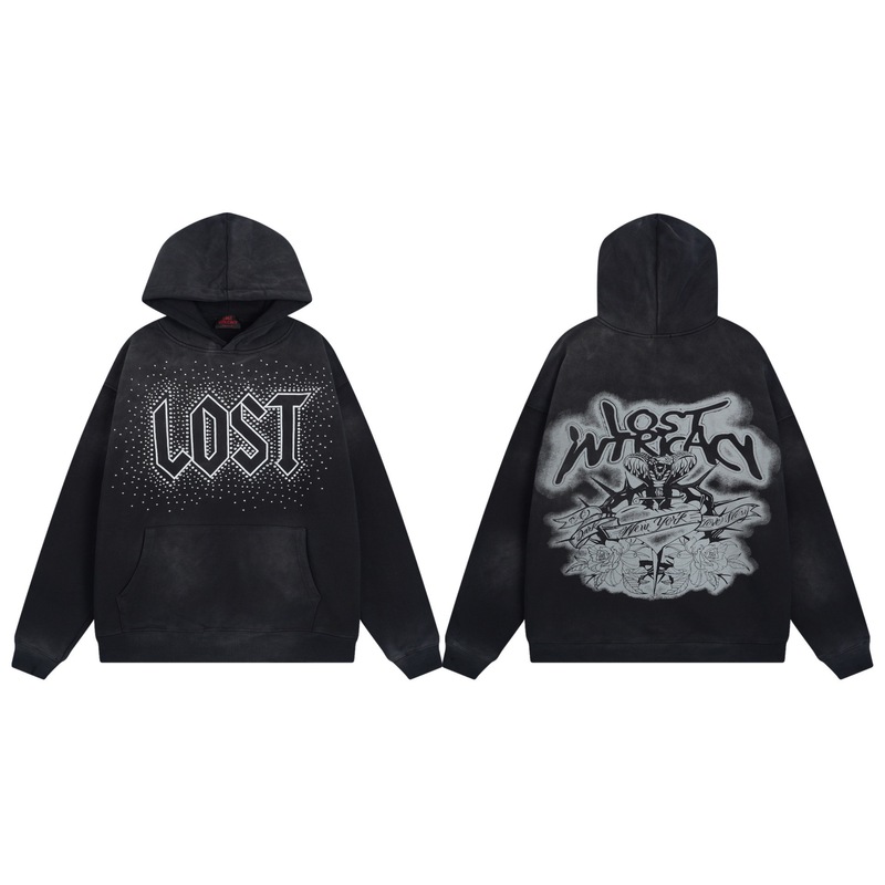 洛杉矶潮牌Lost intricacy洗水做旧卫裤长裤烫钻开衫拉链卫衣套装|undefined