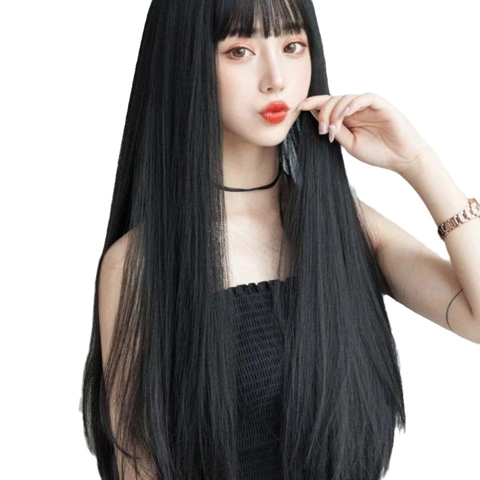 Peruca longa preta coreana para mulheres, estilo realista de celebridade japonesa da internet, com franja leve, elegante e que afina o rosto. Extensões de cabelo sintético._voghion.com