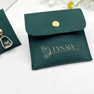 High-End Golden Snap Button Microfiber Velvet Bag Dark Green Suede Leather Microfiber Bag Jewelry Storage Bag Hot Stamping Logo