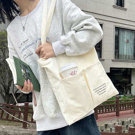 落池针织~原创-外口袋英文字母帆布包学生通勤托特包单肩手提包女