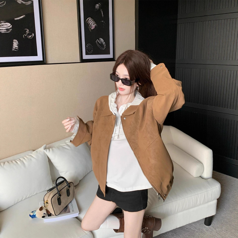 美式复古仿麂皮绒长袖外套女2025秋季新款宽松翻领休闲百搭夹克潮|undefined