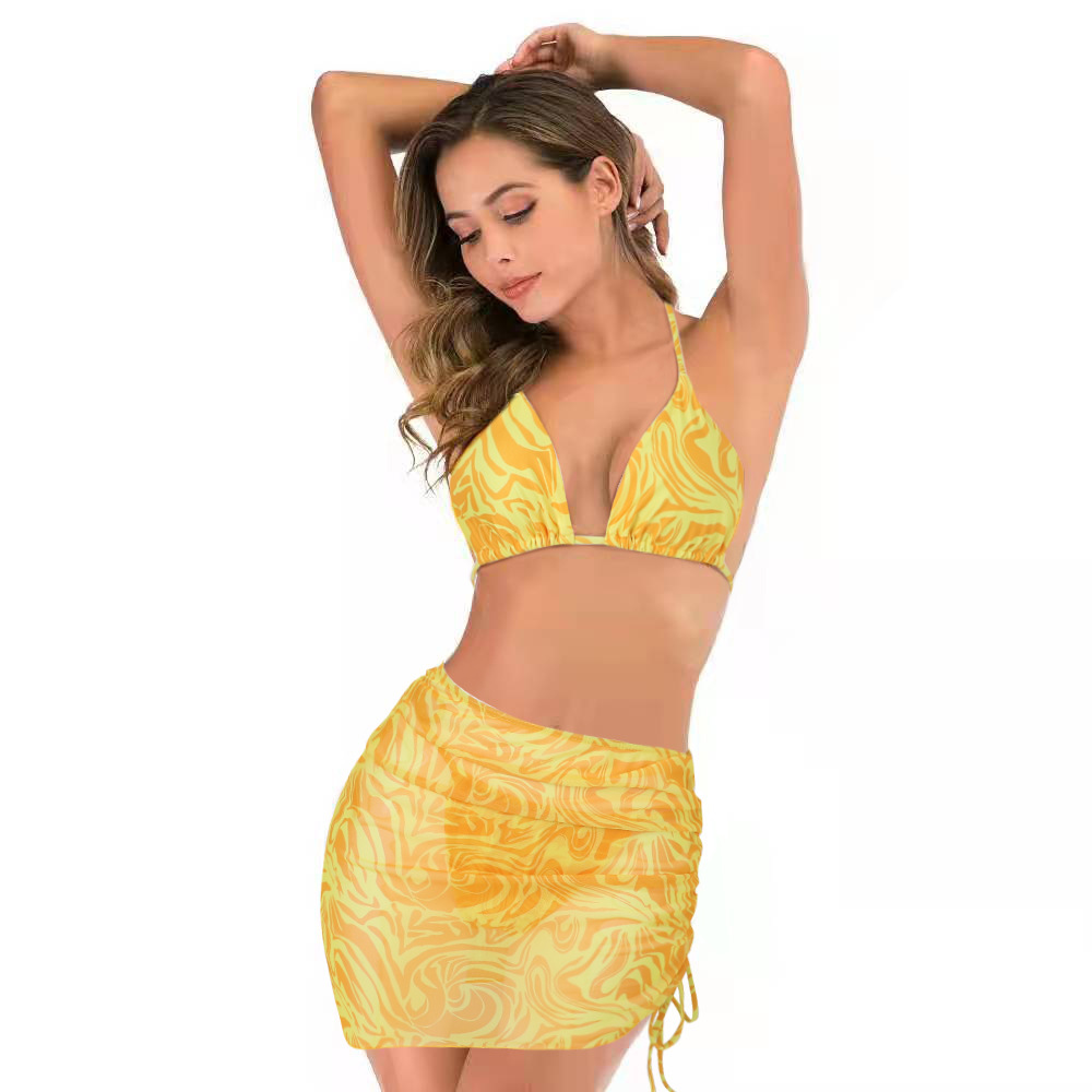 sexy print halterneck bikini and pleated drawstring skirt swimsuit set  NSVNS117551