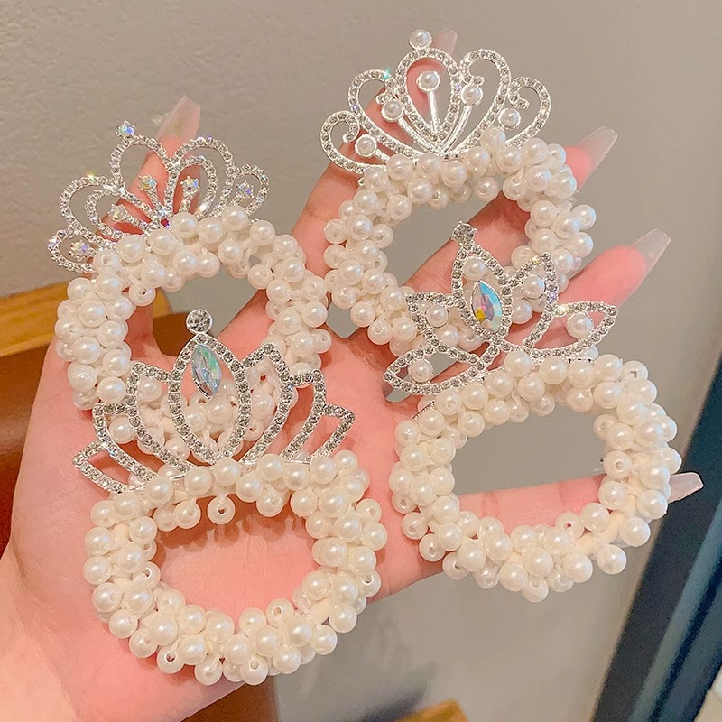 Cuerda de pelo de princesa para niños Super Fairy Girl Pearl Crown hair Ring tie Ball Head accesorios para el cabello Girl Crown hair rope tocado